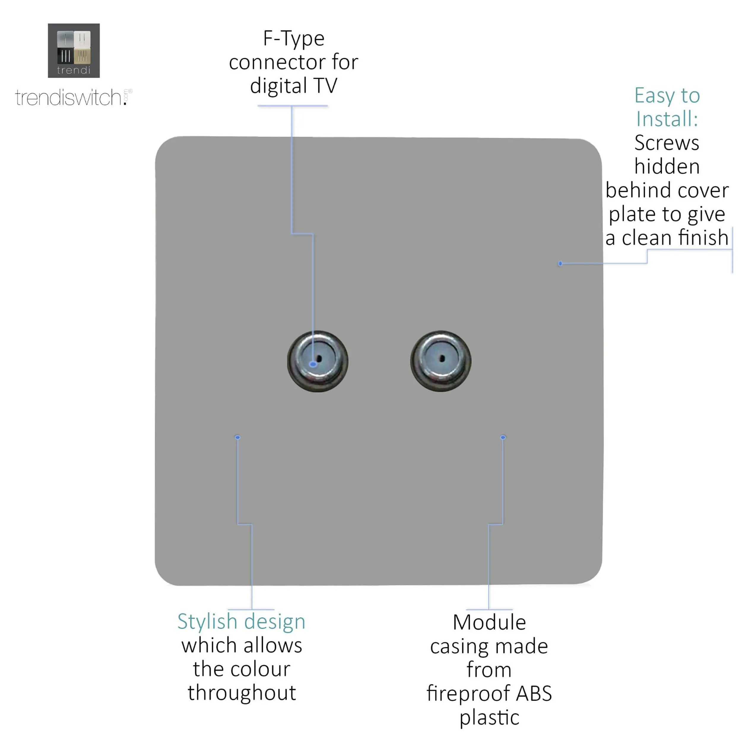 2 Gang F-Type Satellite Televison Socket Light Grey ART-2SATLG  Trendi Light Grey